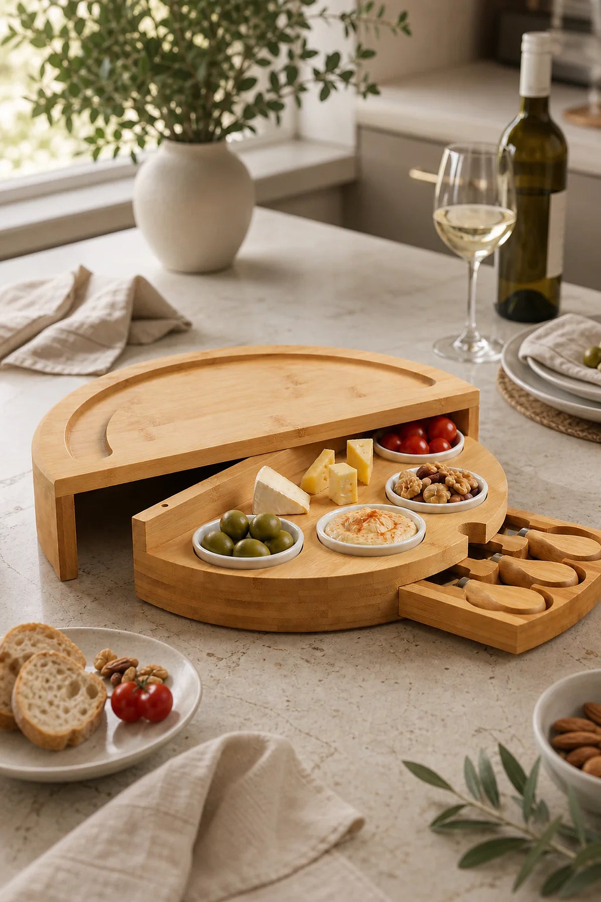 Cozy Haven Cheese Serving Board Set styled in a home setting