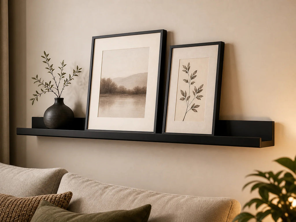 Cozy Haven Slim Metal Floating Picture Ledge in black finish