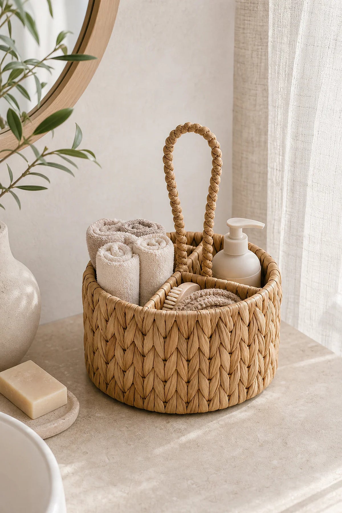 Cozy Haven Water Hyacinth Flatware Storage Basket styled in a home setting