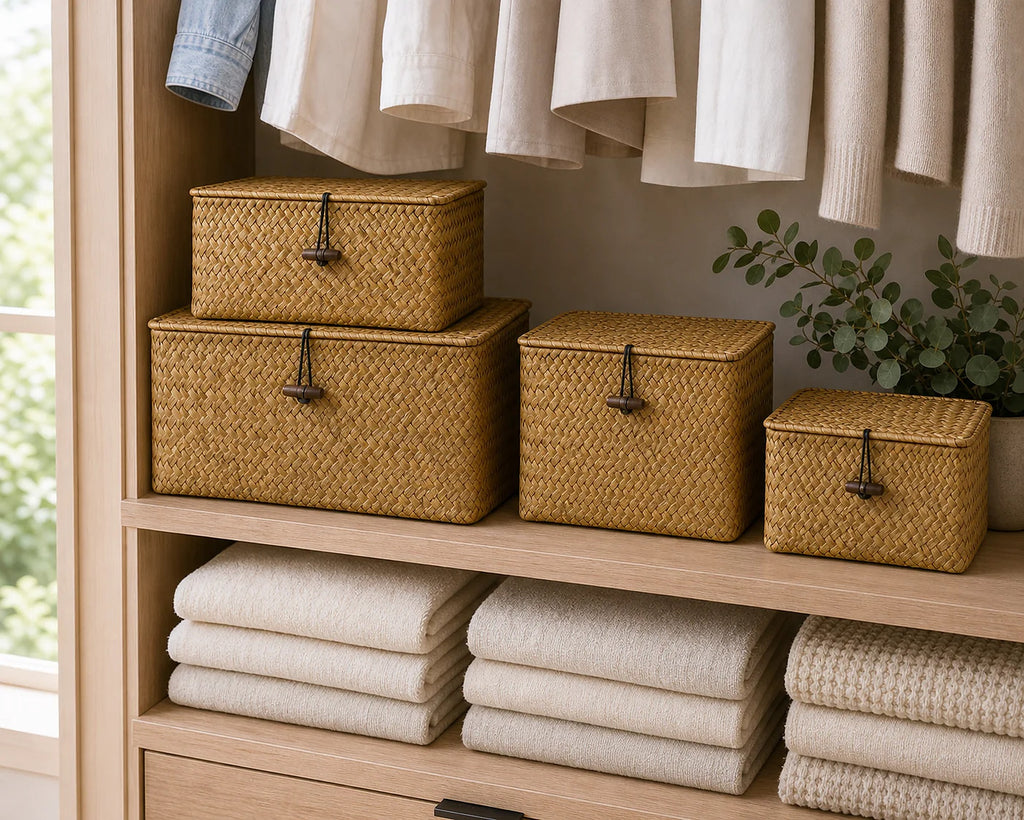 Cozy Haven 4-Piece Lidded Seagrass Storage Basket Set - 4-Piece Lidded Basket Set