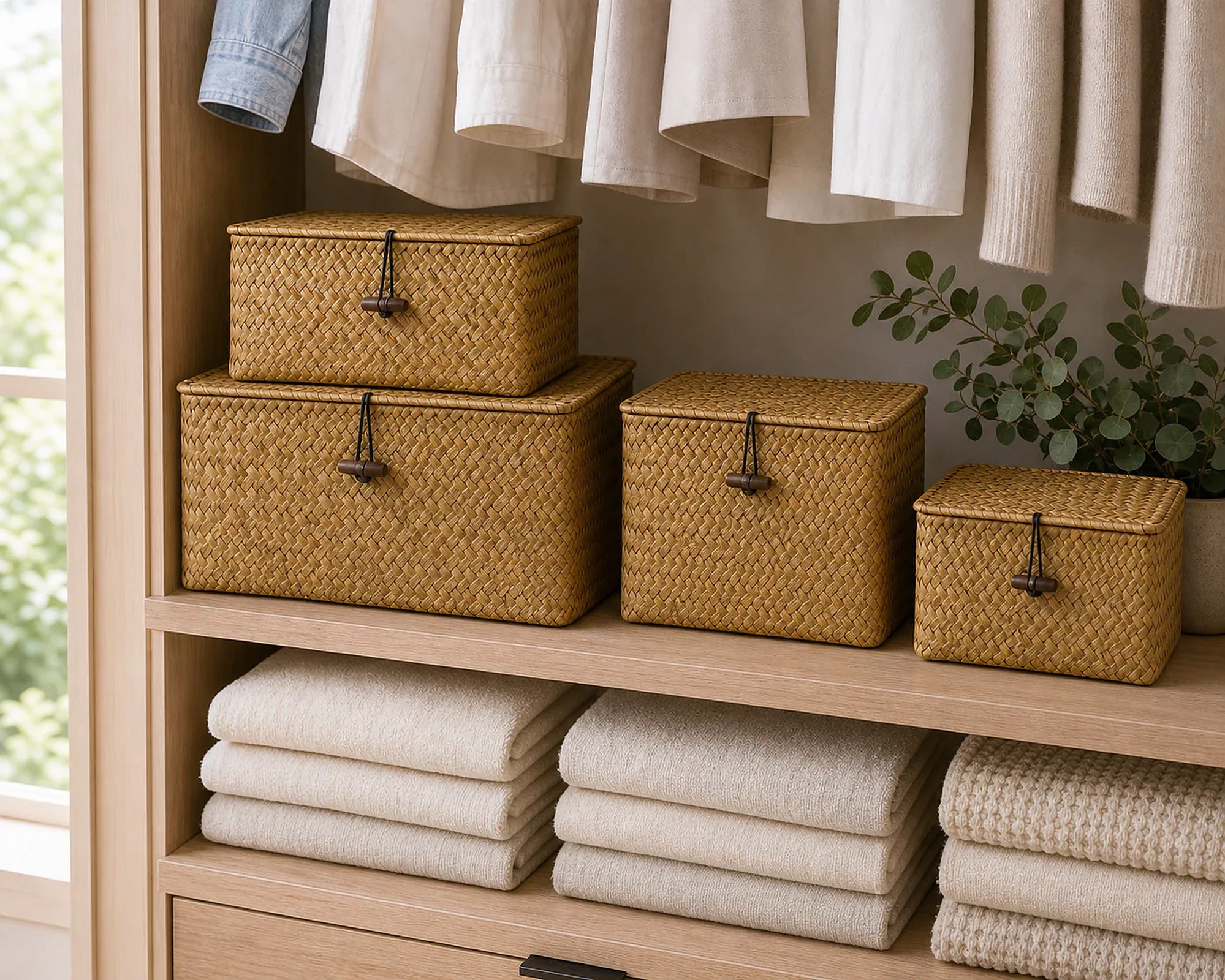 Cozy Haven 4-Piece Lidded Seagrass Storage Basket Set - 4-Piece Lidded Basket Set