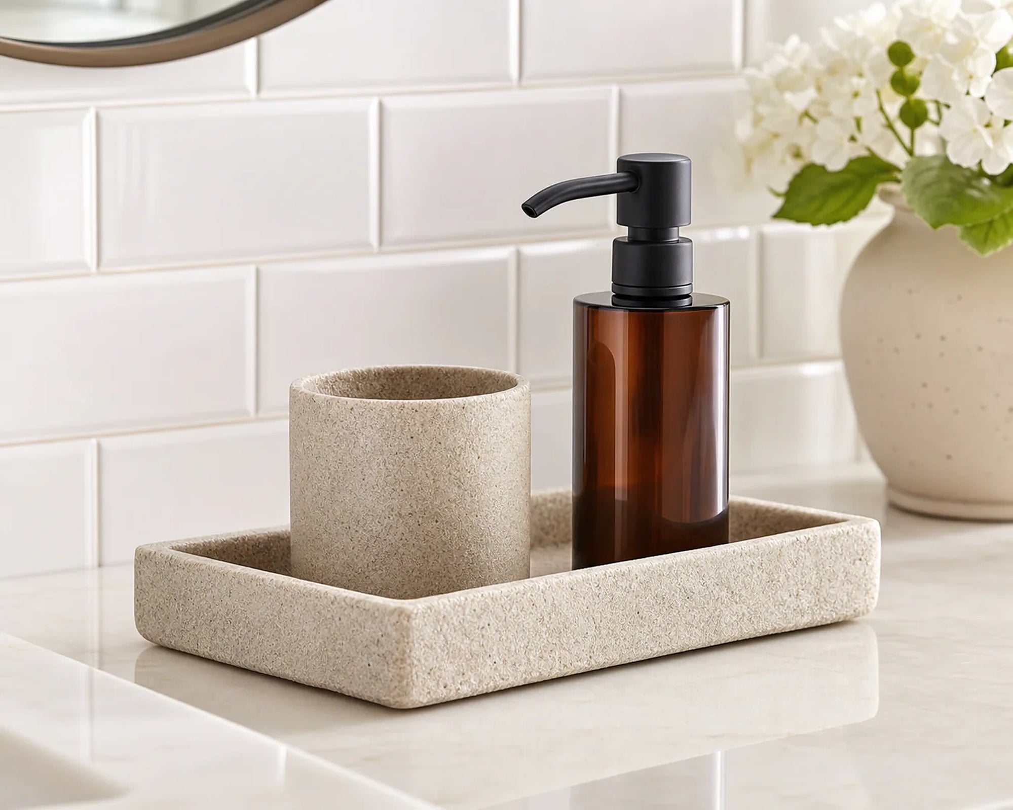 Cozy Haven Stone-Look Soap Dispenser Tray Set styled bathroom view 6