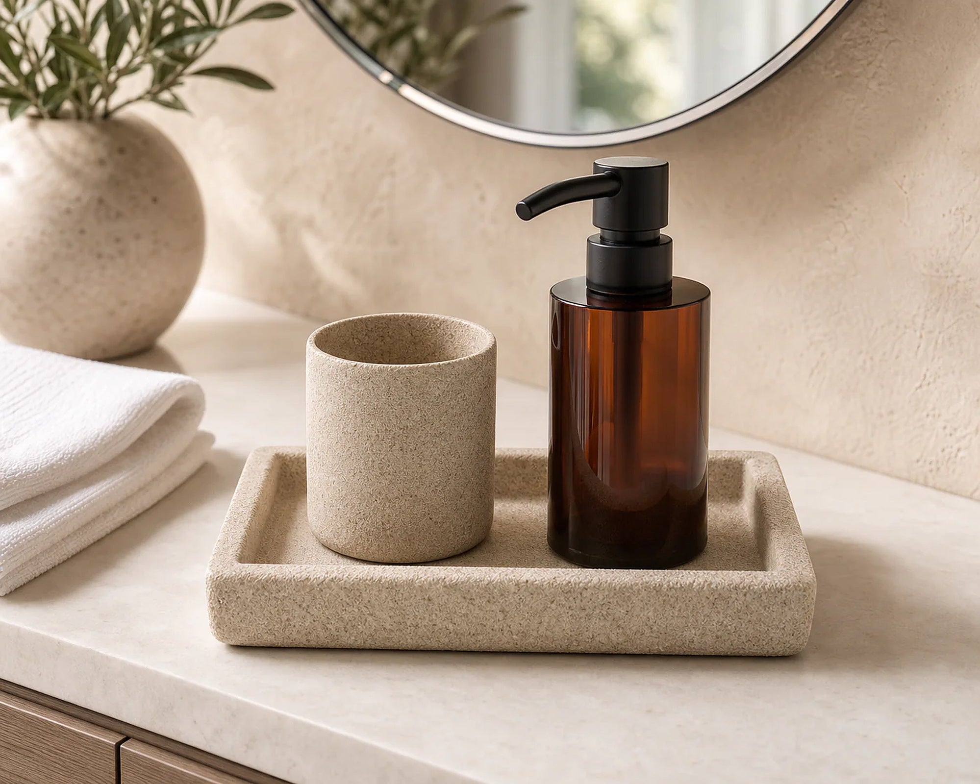 Cozy Haven Stone-Look Soap Dispenser Tray Set styled bathroom view 7