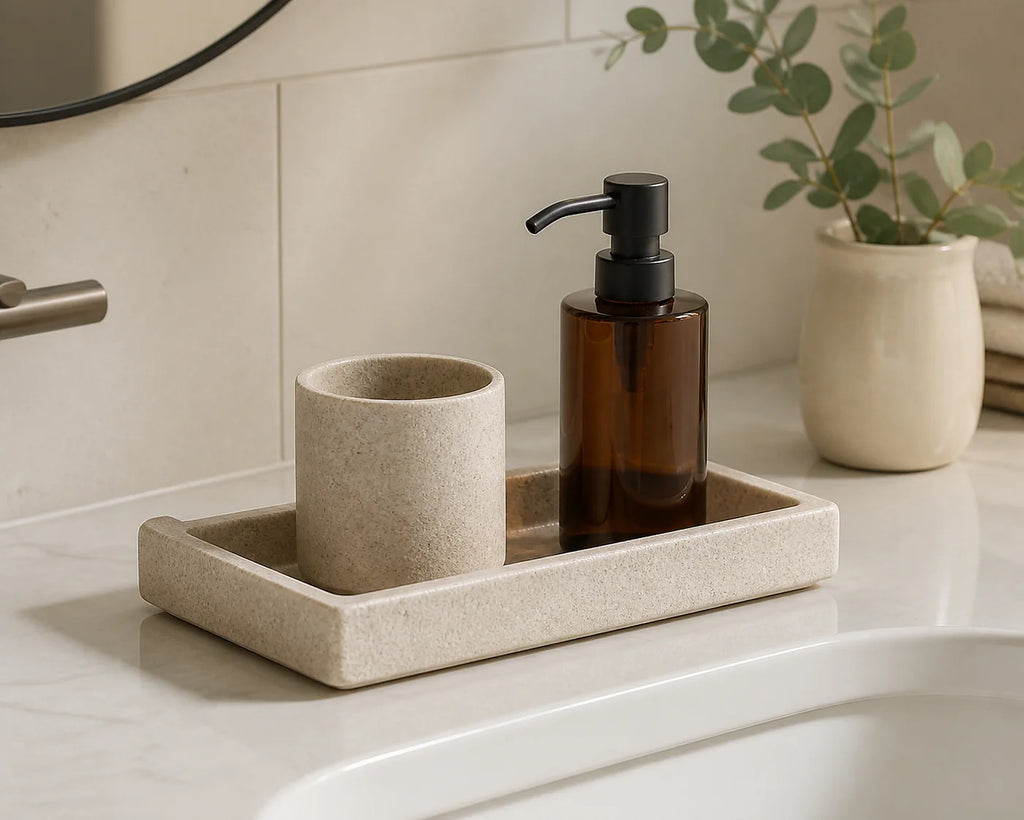 Cozy Haven Stone-Look Soap Dispenser Tray Set styled bathroom view 8