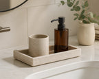 Cozy Haven Stone-Look Soap Dispenser Tray Set styled bathroom view 8