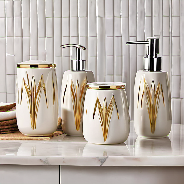 Cozy Haven vanity morning lifestyle image for Cozy Haven Ceramic Bathroom Countertop Canister Set