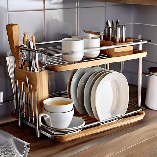 Cozy Haven branded lifestyle image for Cozy Haven 2-Tier Bamboo Dish Drying Rack