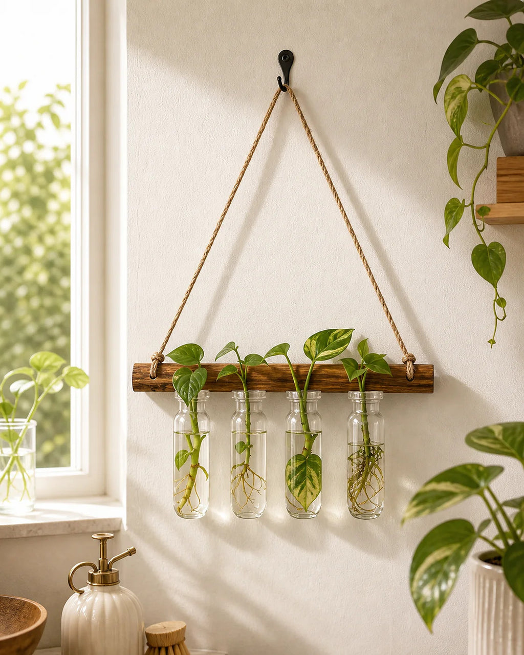 Cozy Haven Glass Tube Hanging Plant Propagation Station lifestyle image 2 for Dark Wood Single Row