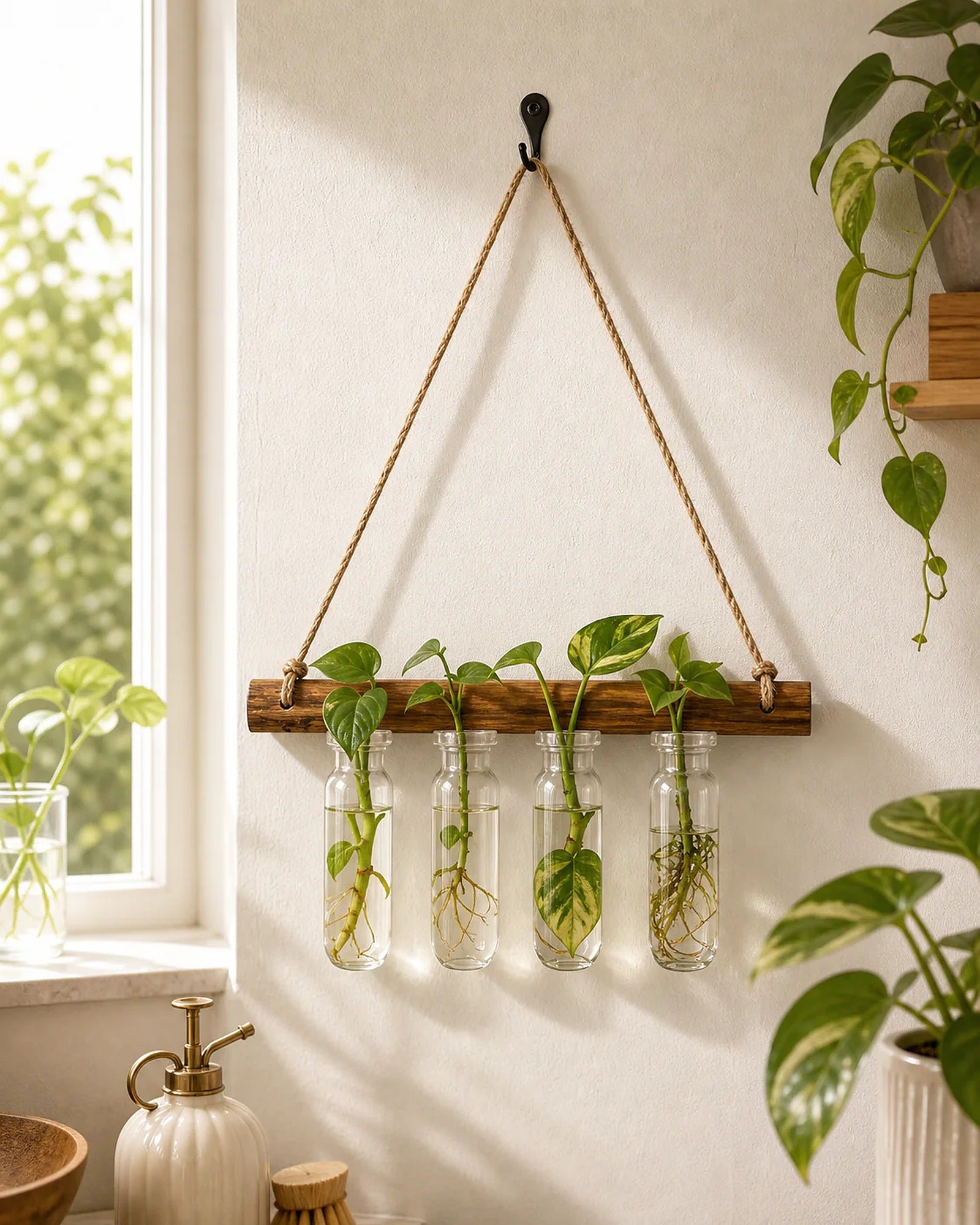 Cozy Haven Glass Tube Hanging Plant Propagation Station lifestyle image 2 for Dark Wood Single Row