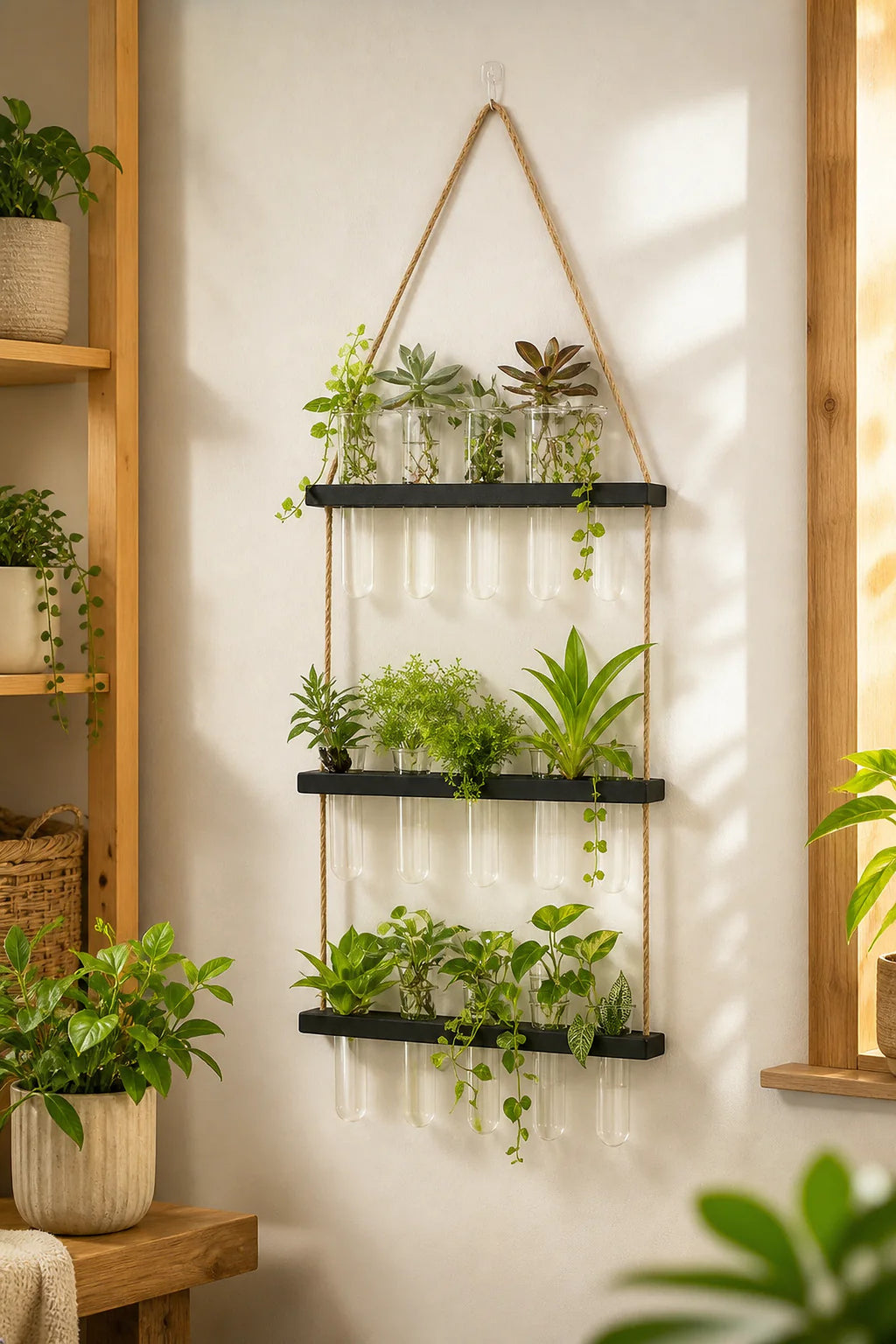 Cozy Haven Glass Tube Hanging Plant Propagation Station lifestyle image 4 for Dark Wood Triple Tier