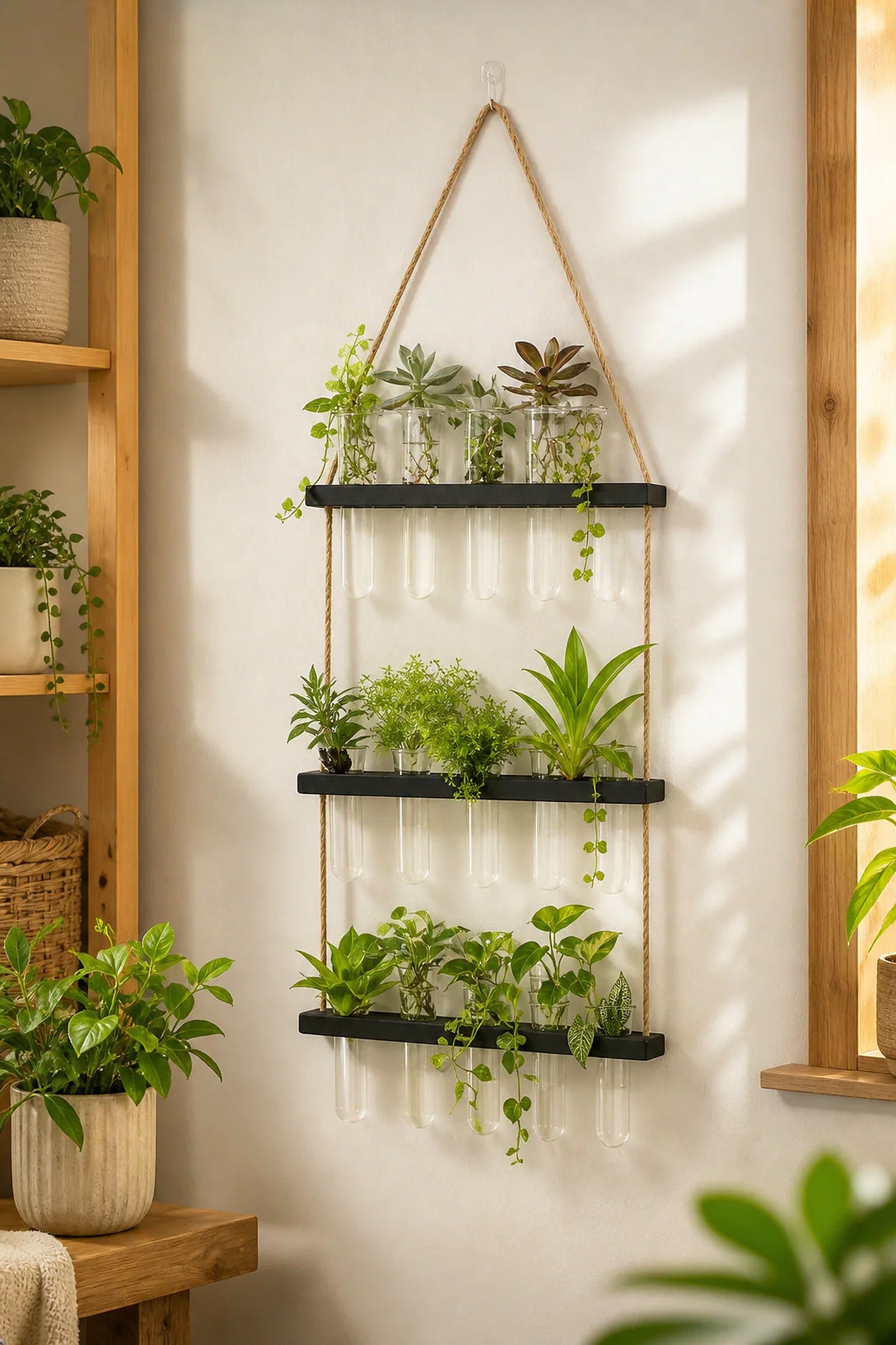 Cozy Haven Glass Tube Hanging Plant Propagation Station lifestyle image 4 for Dark Wood Triple Tier
