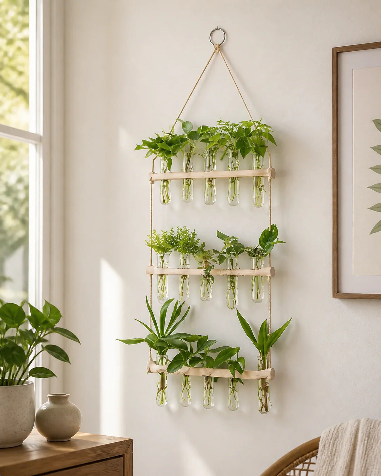 Cozy Haven Glass Tube Hanging Plant Propagation Station lifestyle image 6 for Light Wood Triple Tier