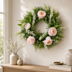Cozy Haven Pink Eucalyptus Spring Door Wreath styled home view 2