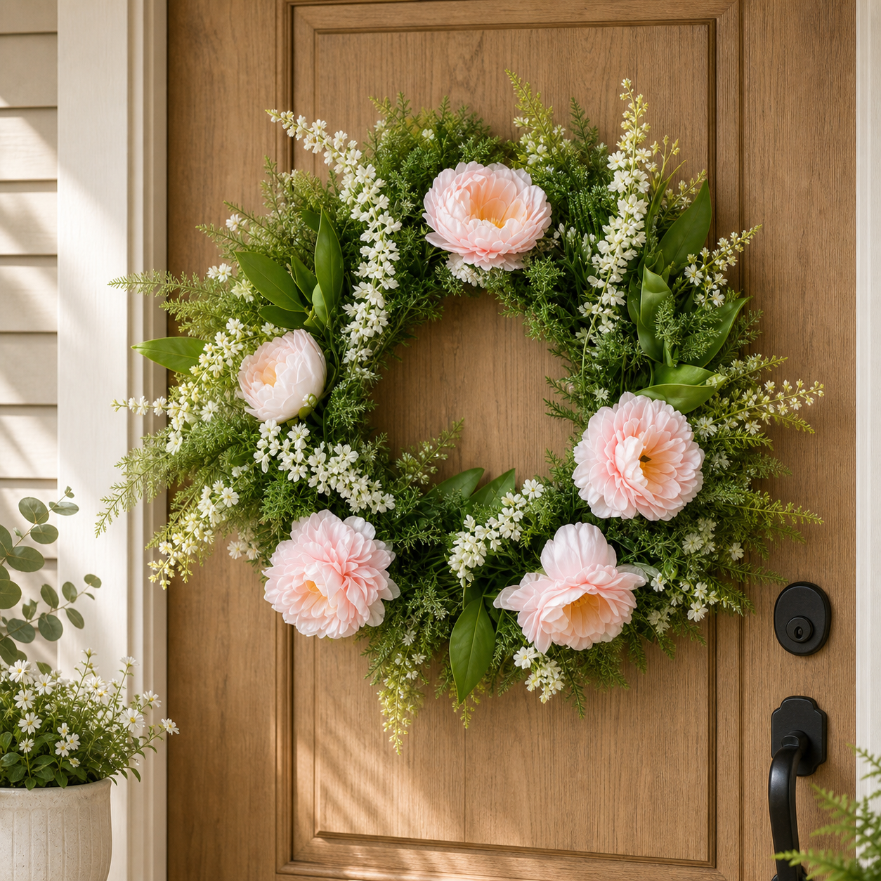 Cozy Haven Pink Eucalyptus Spring Door Wreath lifestyle image 3