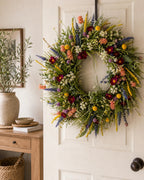 Cozy Haven Wildflower Spring Door Wreath styled home view 3