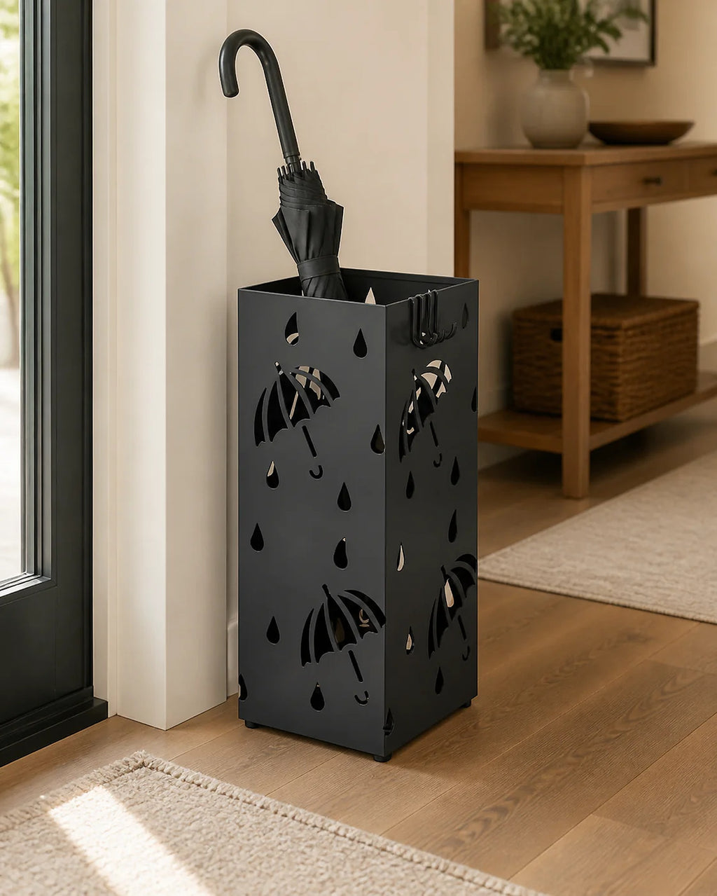 Cozy Haven Square Metal Umbrella Stand styled home view 1
