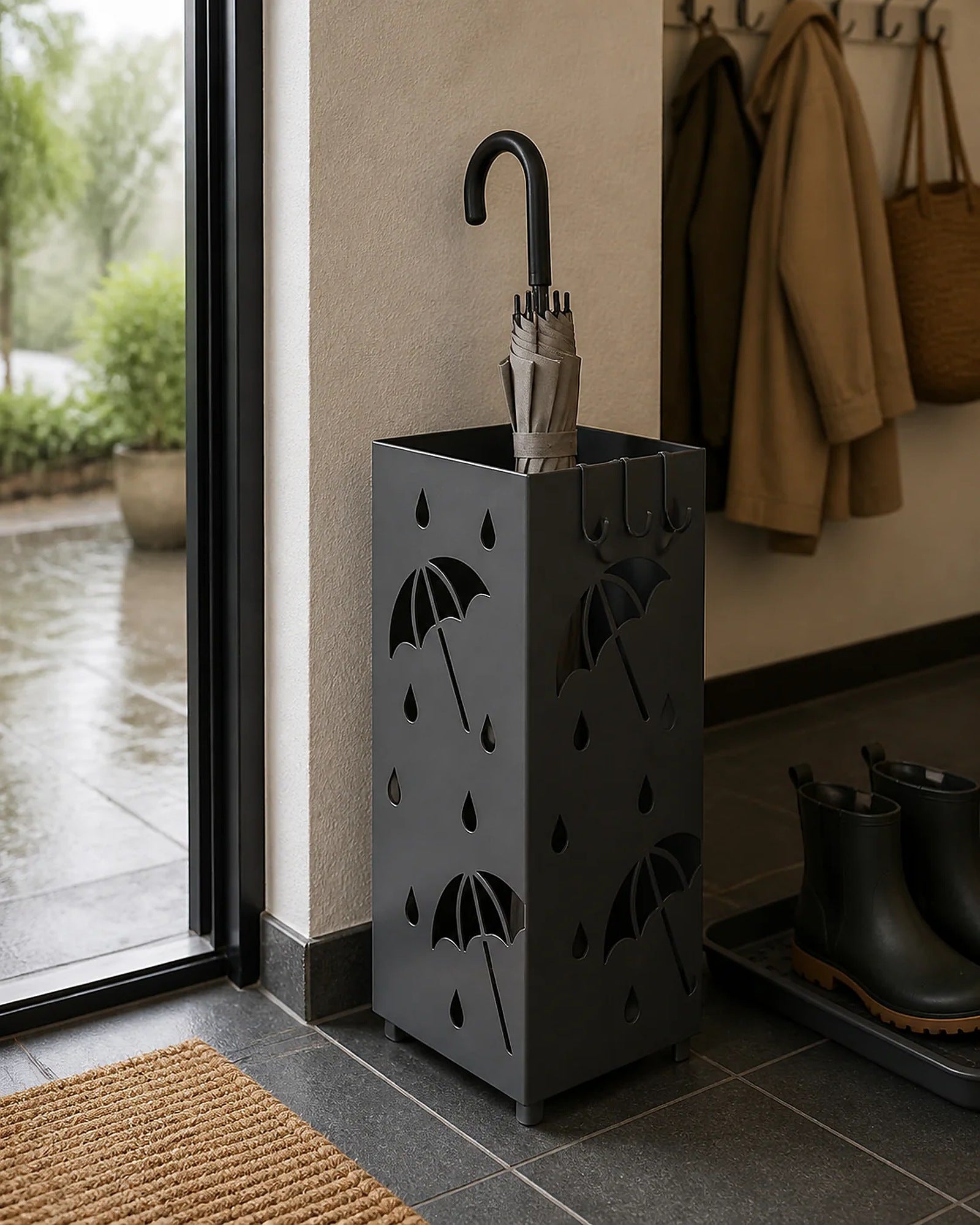Cozy Haven Square Metal Umbrella Stand styled home view 2