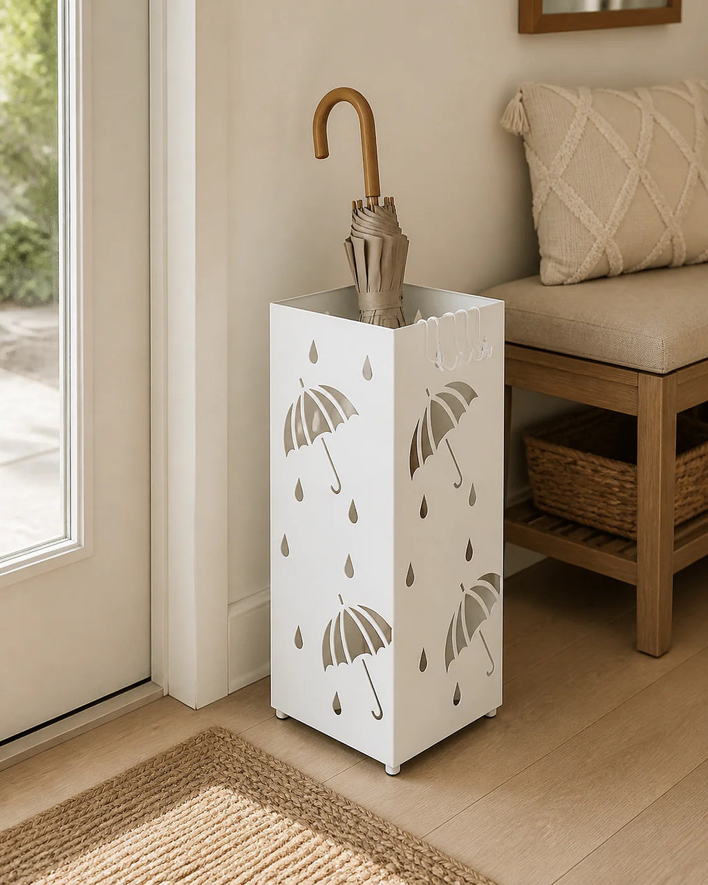 Cozy Haven Square Metal Umbrella Stand styled home view 3