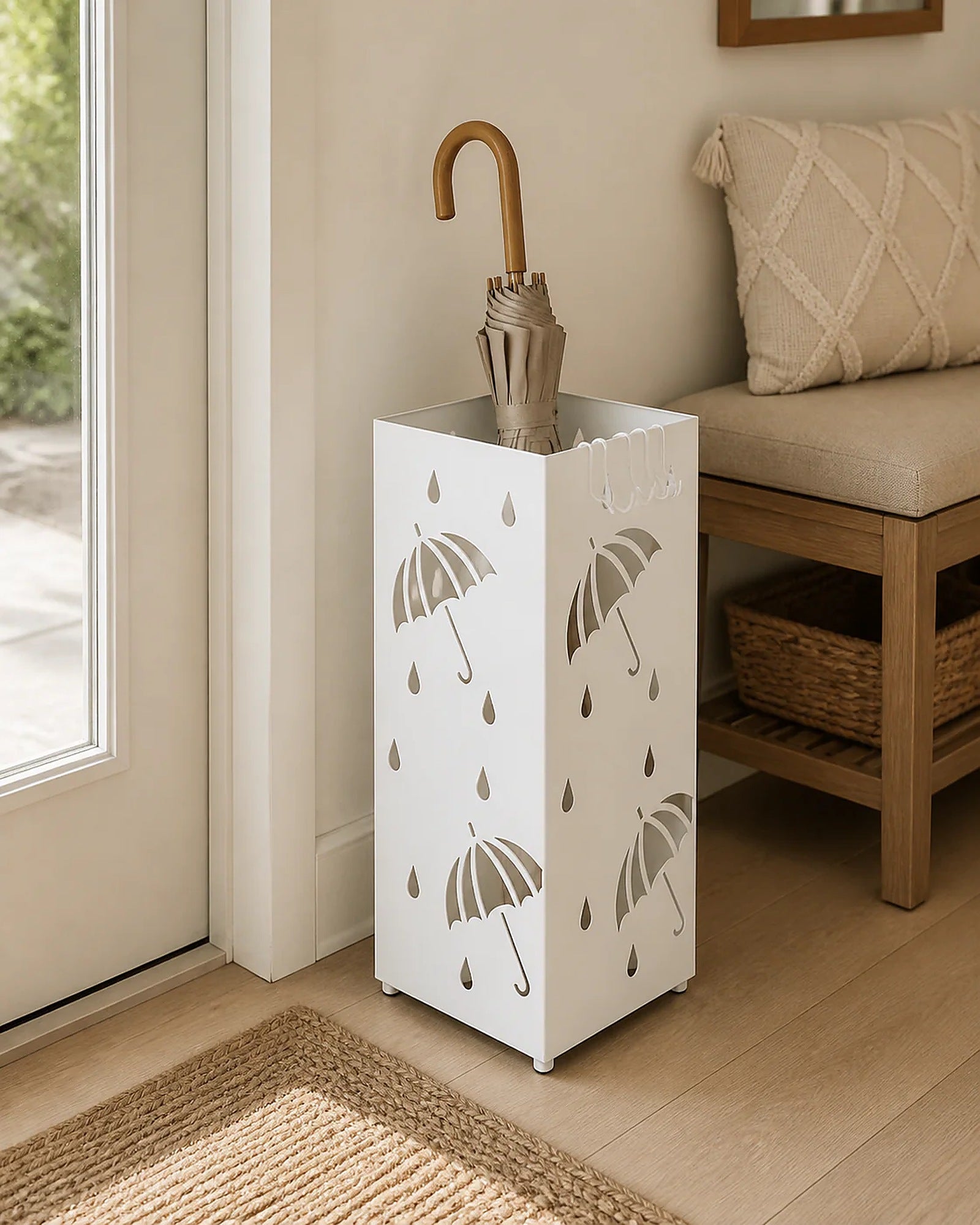 Cozy Haven Square Metal Umbrella Stand styled home view 3