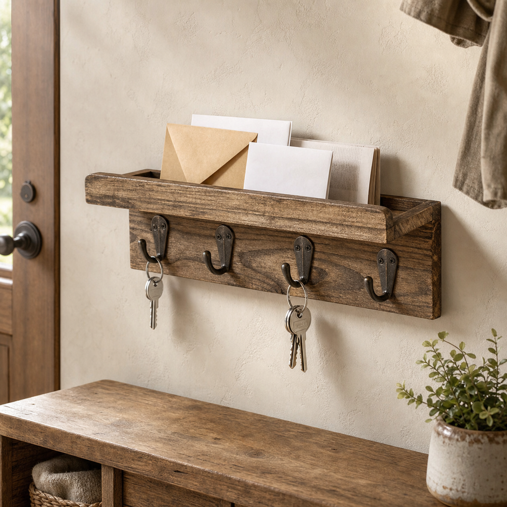 Cozy Haven Wood Wall Mail and Key Organizer in Carbonized Wood