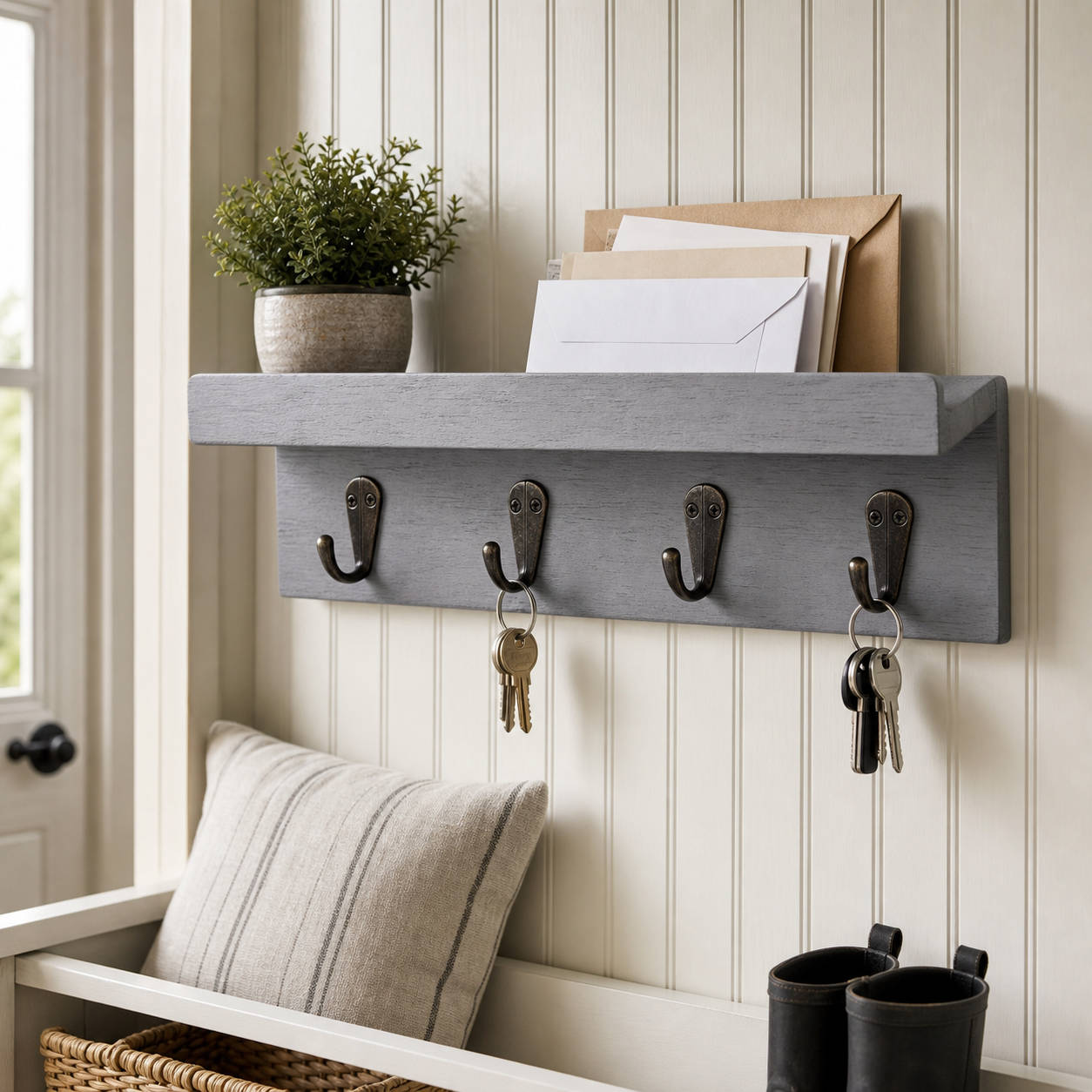 Cozy Haven Wood Wall Mail and Key Organizer in Grey