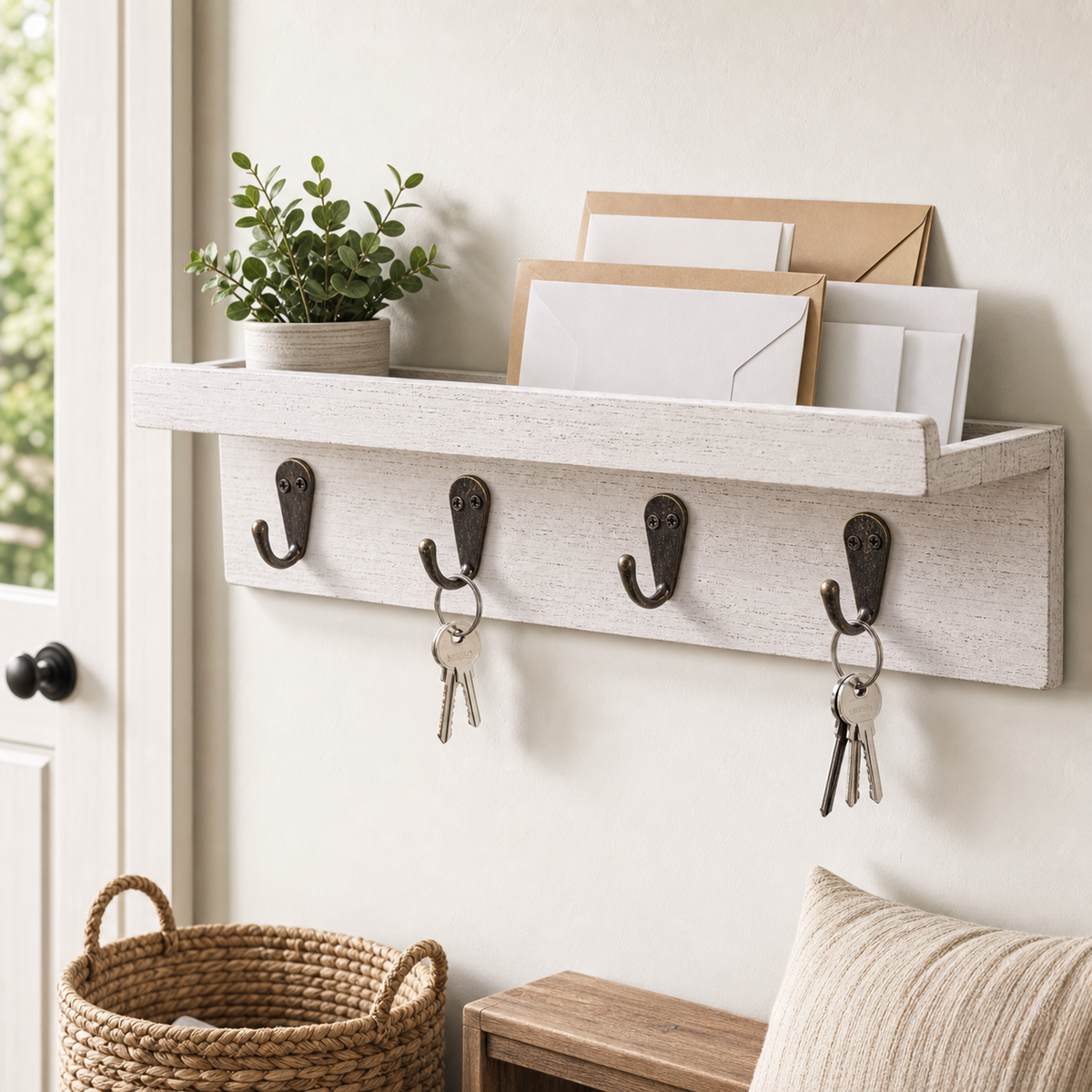 Cozy Haven Wood Wall Mail and Key Organizer styled in a home setting