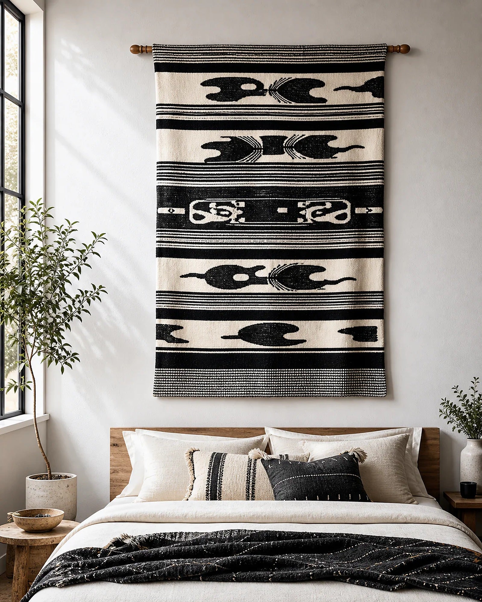 Cozy Haven Black-Cream Woven Wall Tapestry styled wall decor view 3