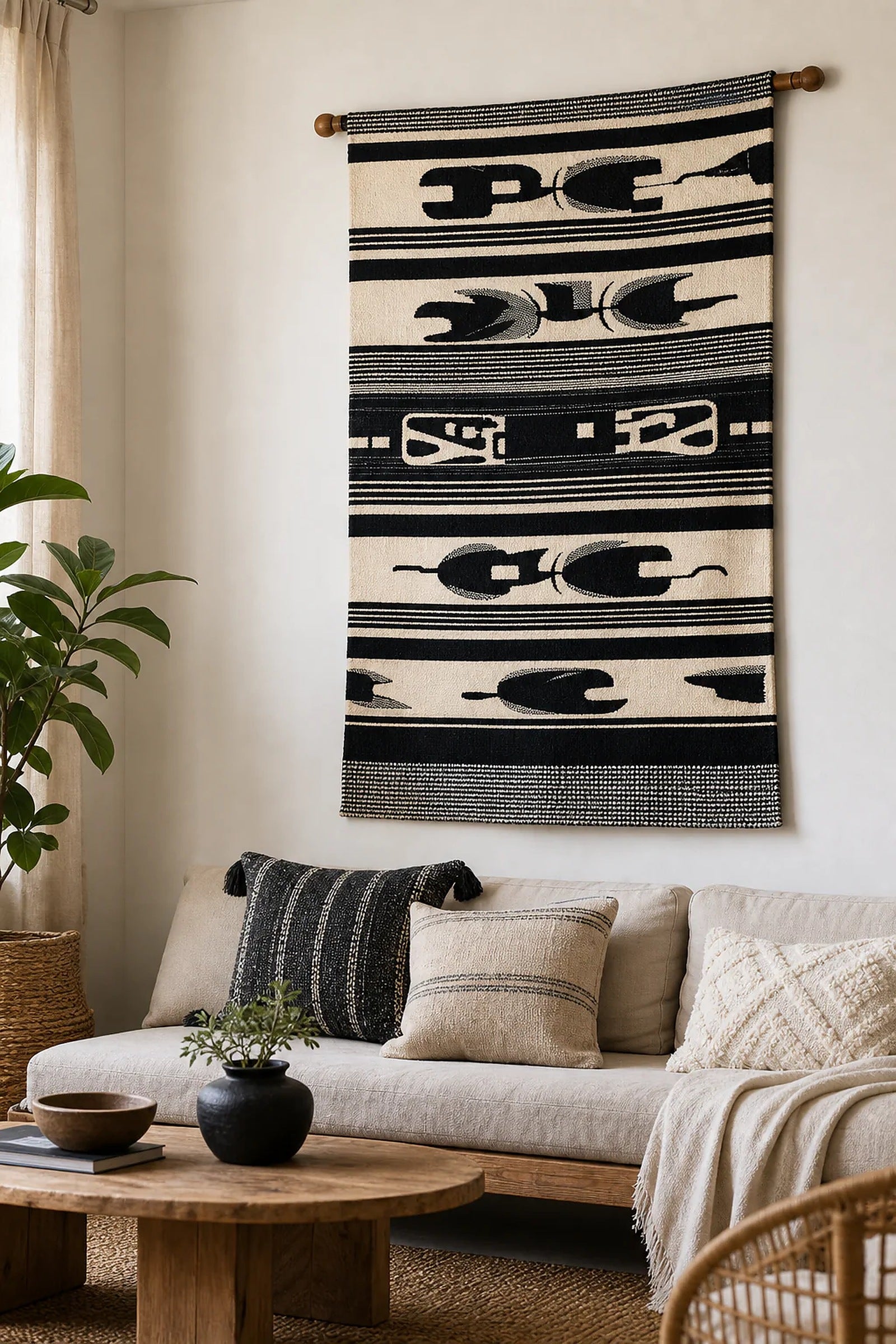 Cozy Haven Black-Cream Woven Wall Tapestry styled wall decor view 5