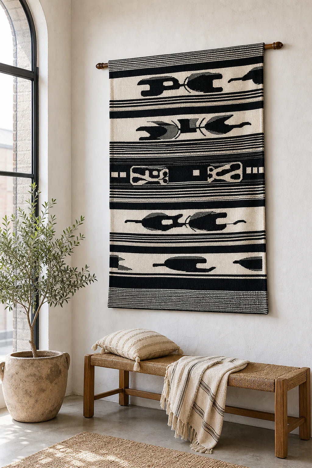 Cozy Haven Black-Cream Woven Wall Tapestry styled wall decor view 6