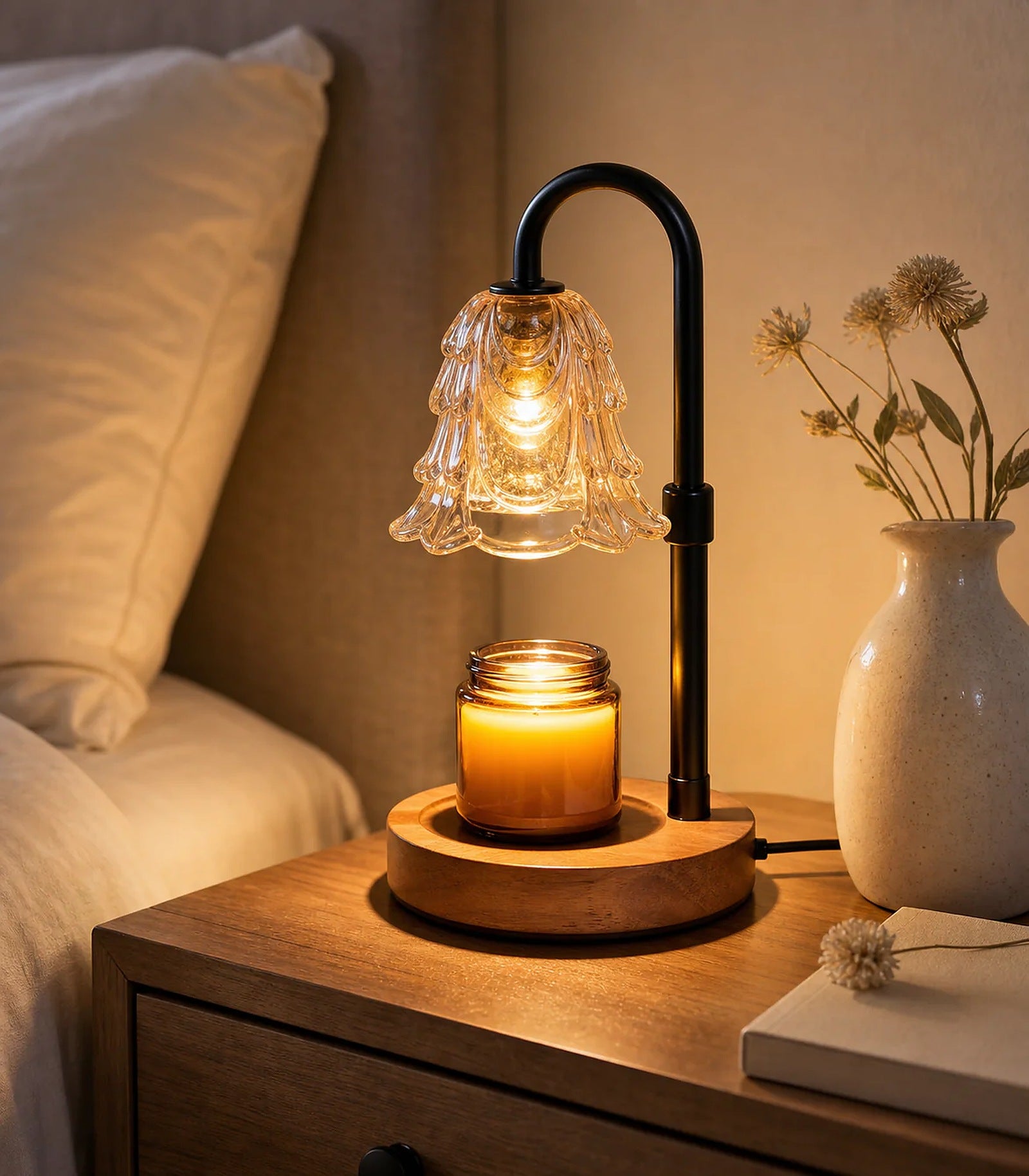 Cozy Haven Black & Wood Arched Candle Warmer Lamp lifestyle image 1