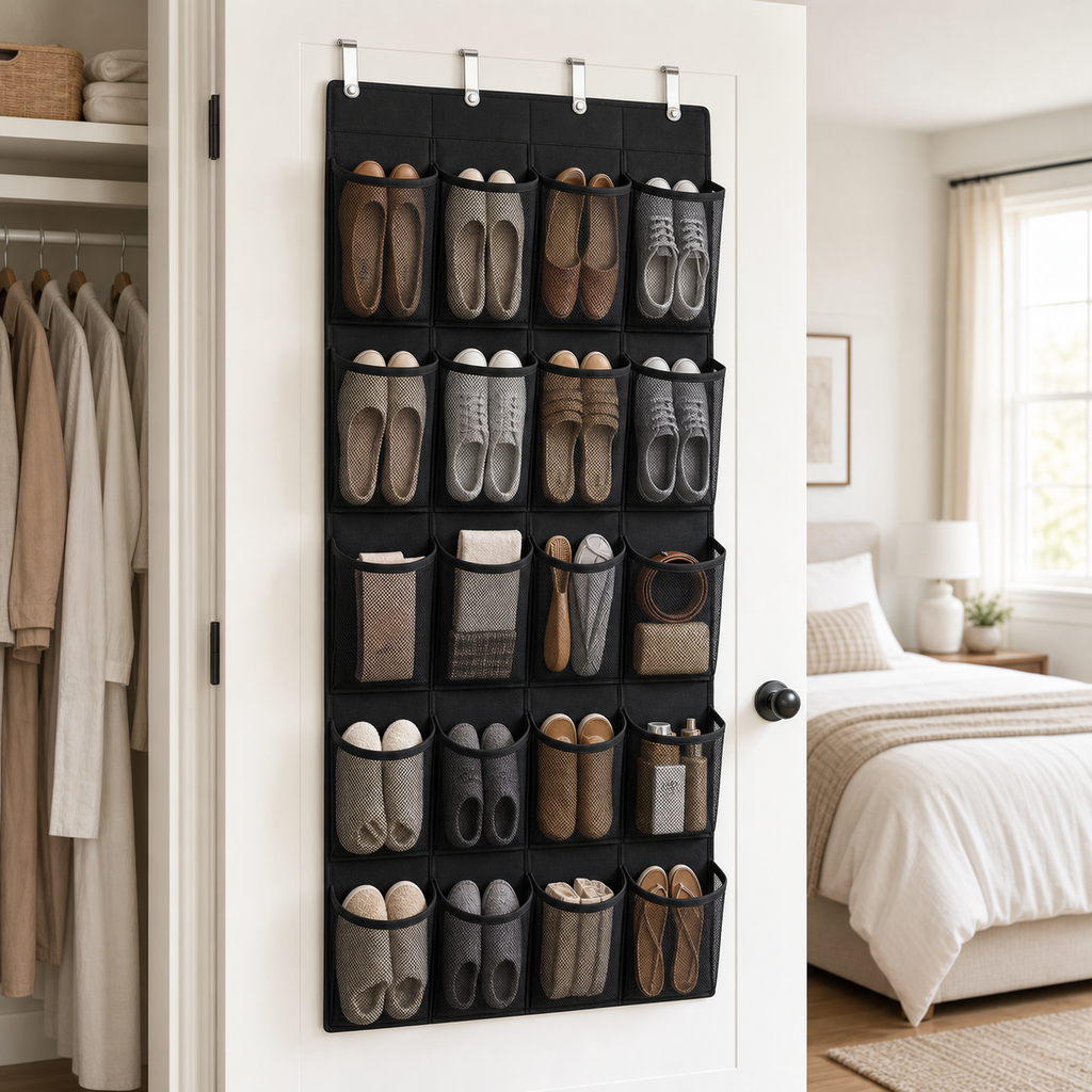 Cozy Haven black over-door closet pocket organizer with 4-column mesh pocket grid