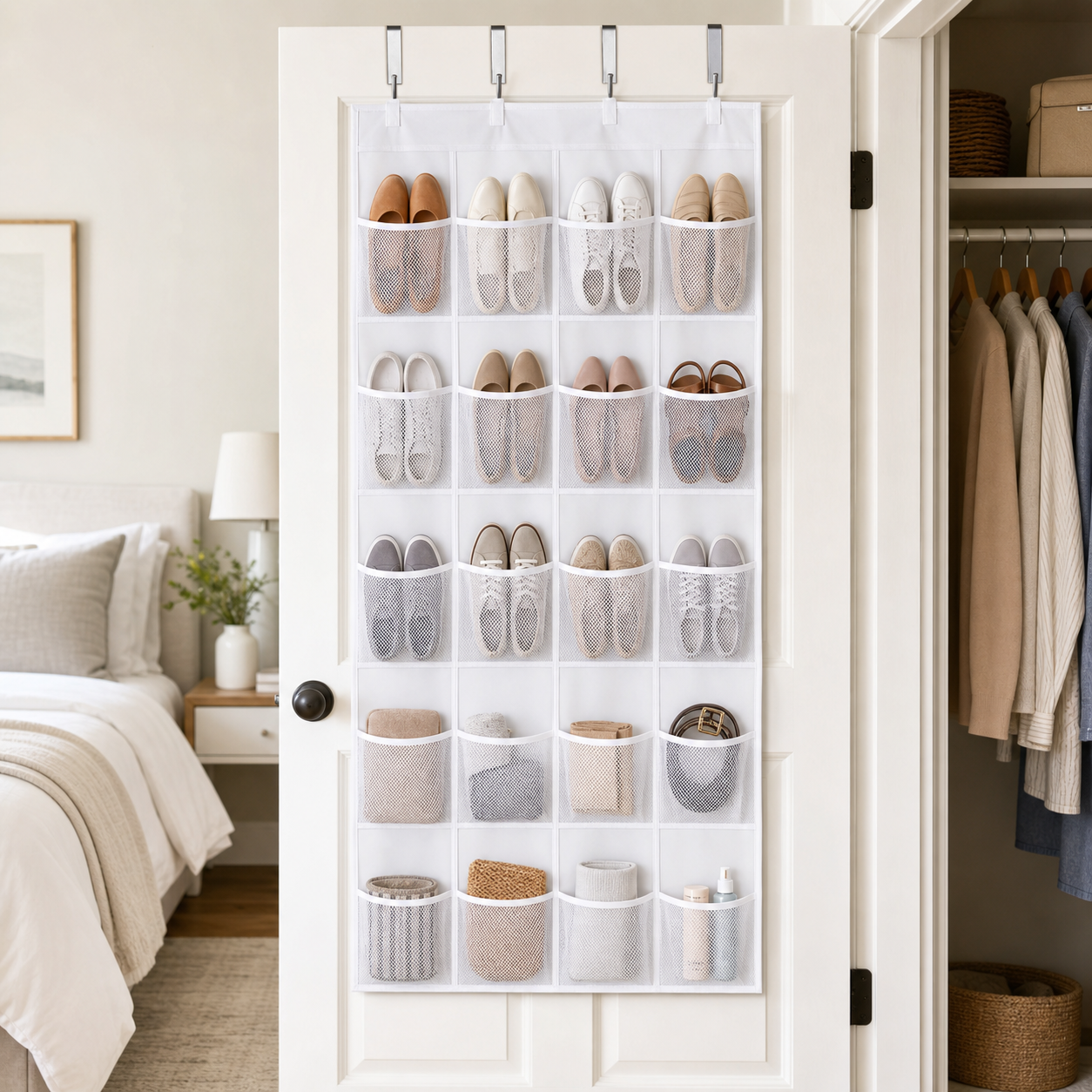 Cozy Haven white over-door closet pocket organizer with 4-column mesh pocket grid