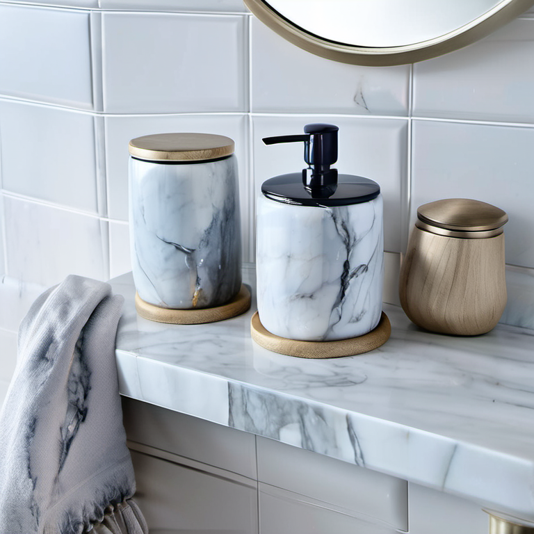 Cozy Haven countertop close lifestyle image for Cozy Haven Marble-Look Bathroom Countertop Canister Set