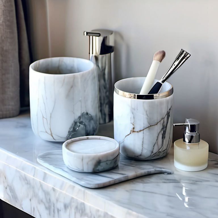 Cozy Haven guest bath lifestyle image for Cozy Haven Marble-Look Bathroom Countertop Canister Set