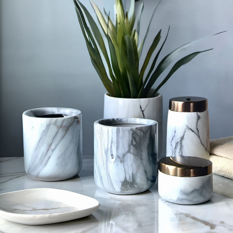 Cozy Haven shelf detail lifestyle image for Cozy Haven Marble-Look Bathroom Countertop Canister Set