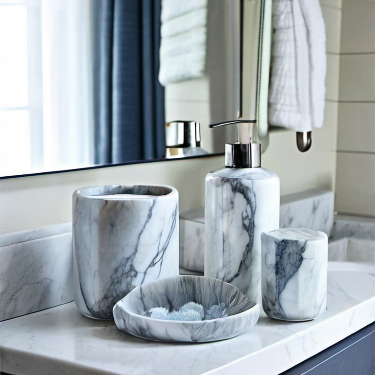 Cozy Haven vanity morning lifestyle image for Cozy Haven Marble-Look Bathroom Countertop Canister Set