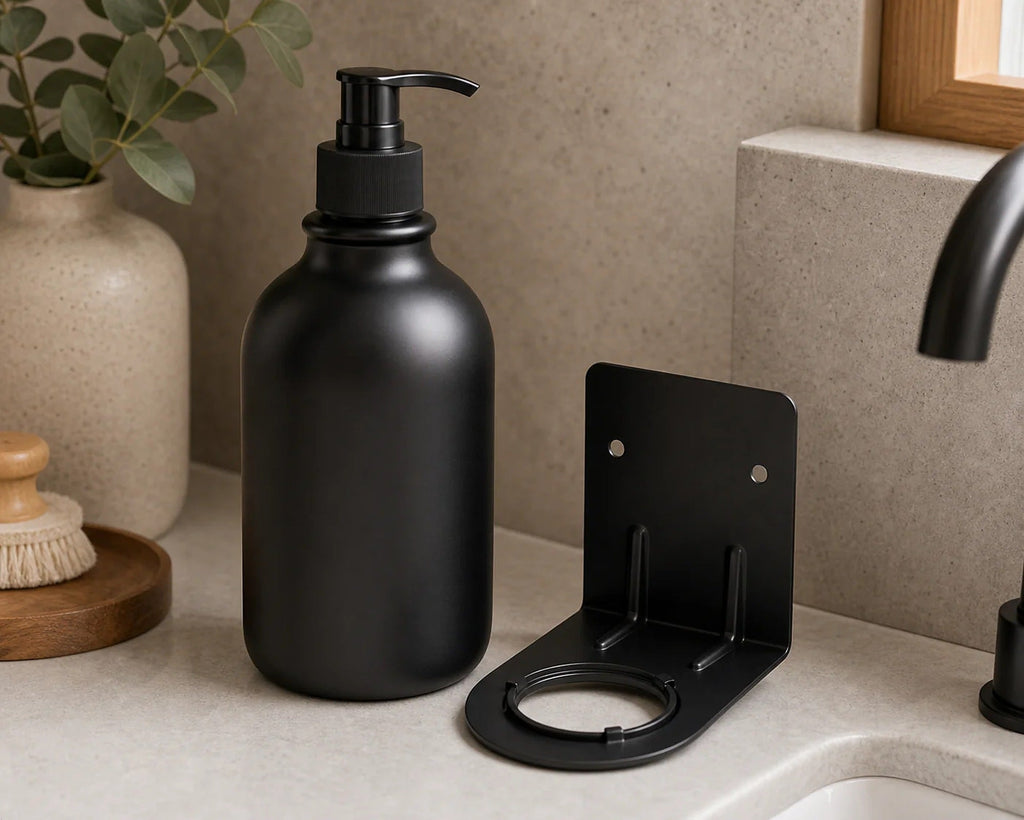 Cozy Haven Bathroom Countertop Calm Starter Bundle component: Matte Black Soap Dispenser Tray Set