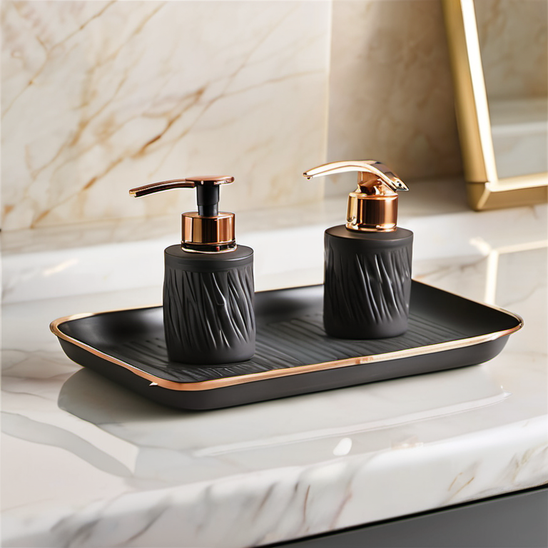 Cozy Haven lifestyle image for Cozy Haven Matte Black Soap Dispenser Tray Set - 10056239841566 countertop close