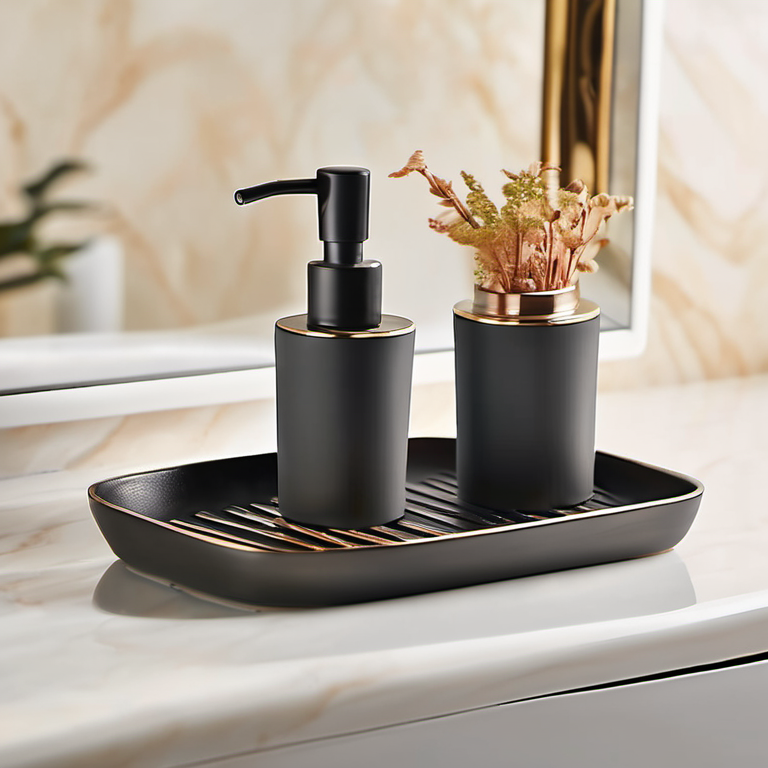 Cozy Haven guest bath lifestyle image for Cozy Haven Matte Black Soap Dispenser Tray Set