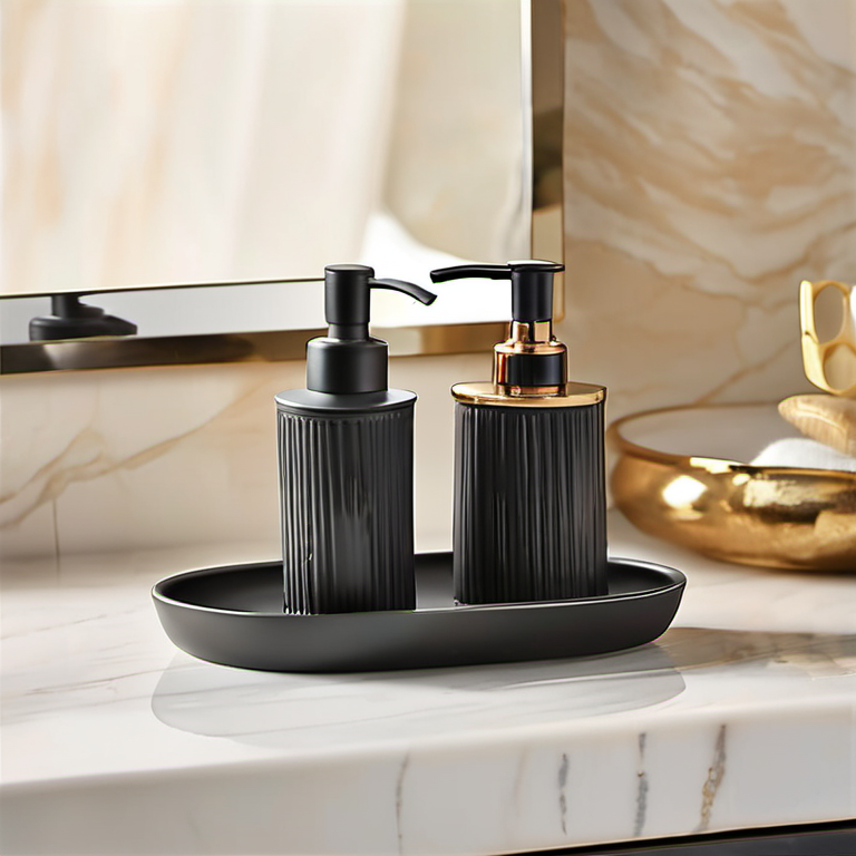 Cozy Haven shelf detail lifestyle image for Cozy Haven Matte Black Soap Dispenser Tray Set