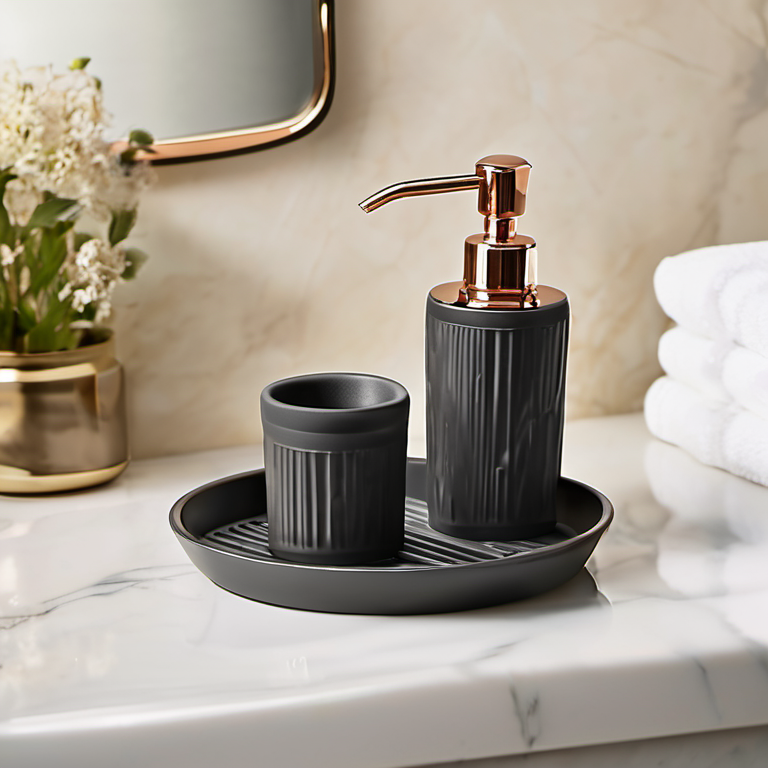 Cozy Haven vanity morning lifestyle image for Cozy Haven Matte Black Soap Dispenser Tray Set