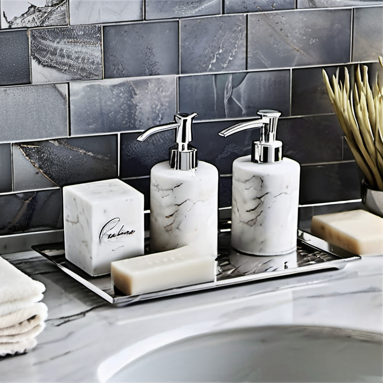 Cozy Haven countertop close lifestyle image for Cozy Haven Travertine-Look Soap Dispenser Tray Set