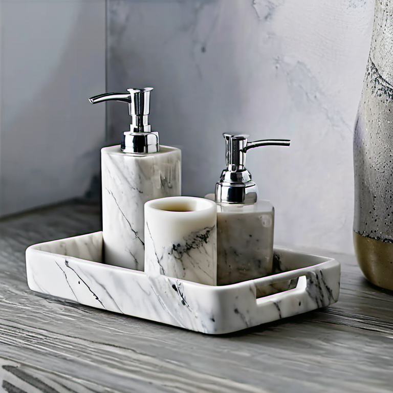 Cozy Haven guest bath lifestyle image for Cozy Haven Travertine-Look Soap Dispenser Tray Set