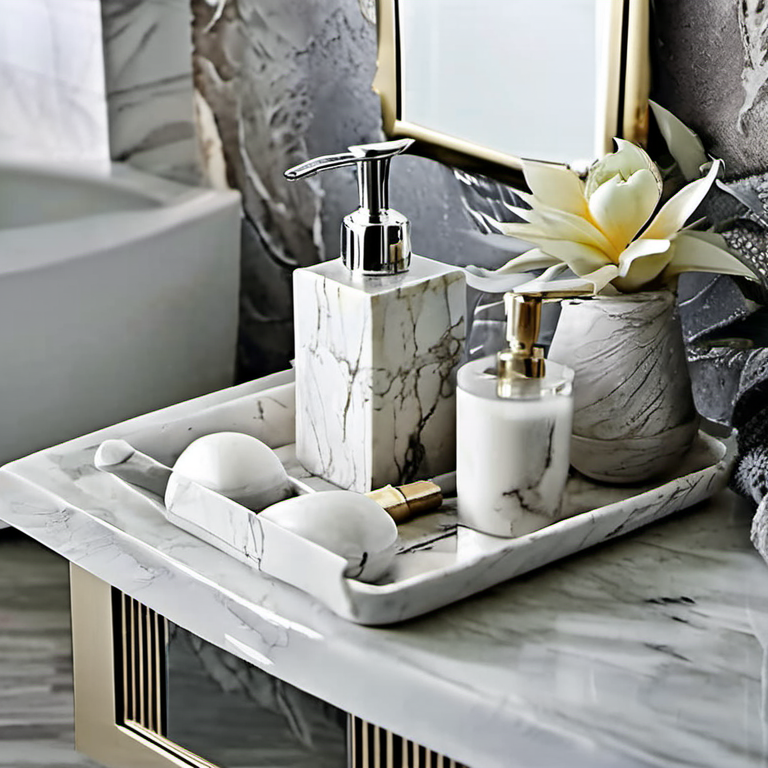 Cozy Haven shelf detail lifestyle image for Cozy Haven Travertine-Look Soap Dispenser Tray Set