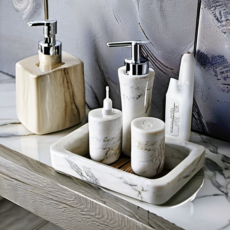 Cozy Haven spa corner lifestyle image for Cozy Haven Travertine-Look Soap Dispenser Tray Set