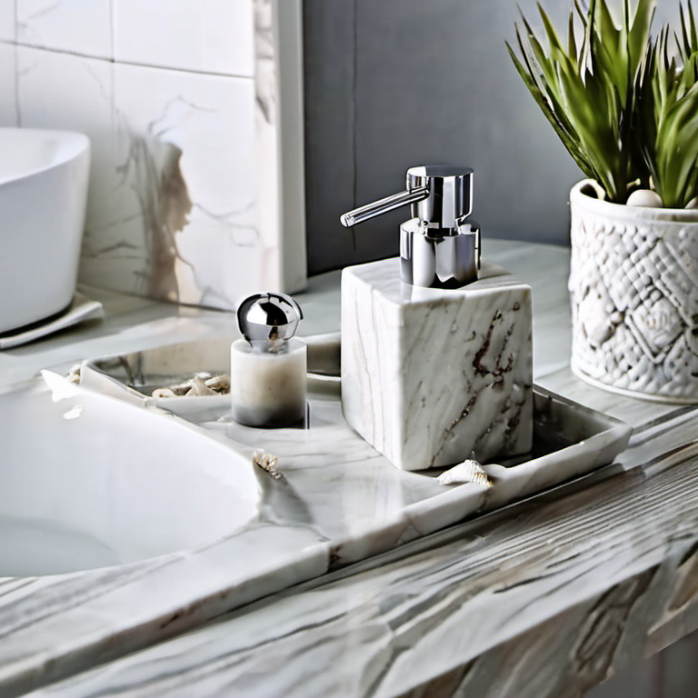 Cozy Haven vanity morning lifestyle image for Cozy Haven Travertine-Look Soap Dispenser Tray Set
