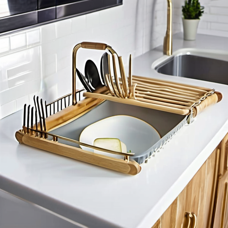 Cozy Haven lifestyle image for Cozy Haven Sink Bridge Bamboo Dish Drying Rack - 10056239939870 countertop prep