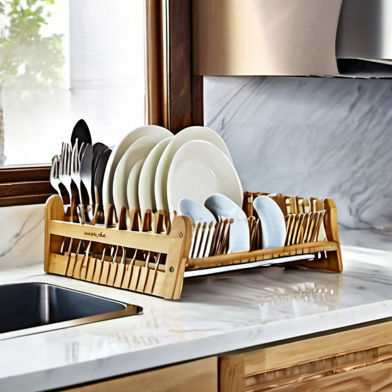 Cozy Haven open shelf lifestyle image for Cozy Haven Sink Bridge Bamboo Dish Drying Rack