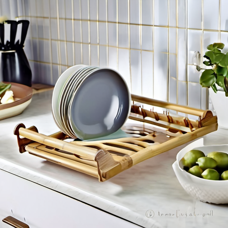 Cozy Haven utility close lifestyle image for Cozy Haven Sink Bridge Bamboo Dish Drying Rack