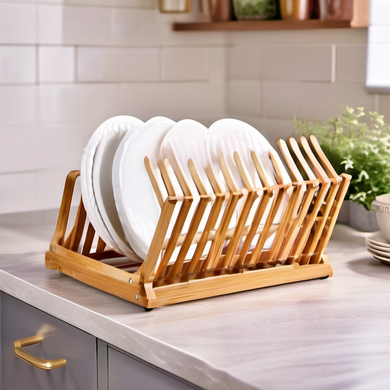 Cozy Haven countertop prep lifestyle image for Cozy Haven Plate Holder Bamboo Dish Drying Rack